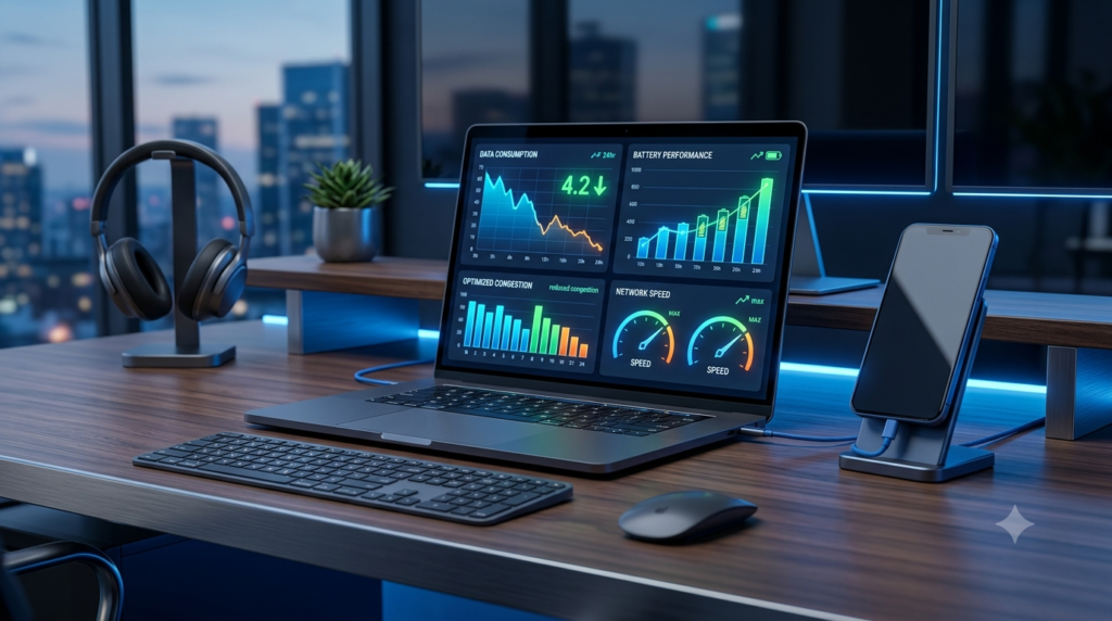 Nexott Low Data Mode analytics showing lower data usage and faster mobile performance