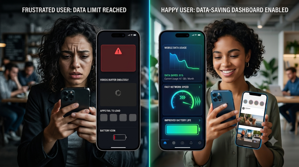 Nexott Low Data Mode reducing mobile data usage while improving browsing speed and battery life