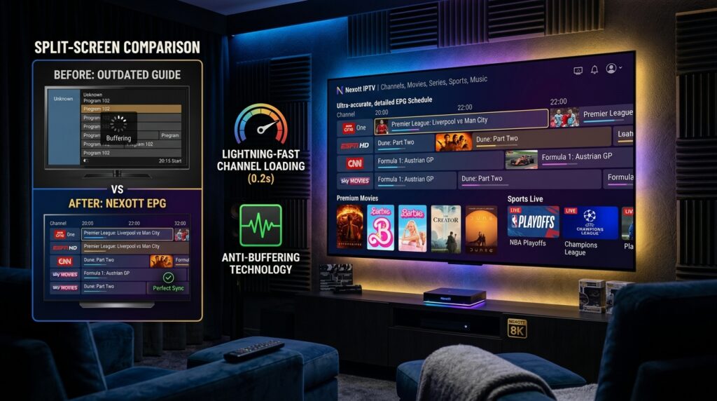 Nexott EPG interface showing the latest IPTV electronic program guide update
