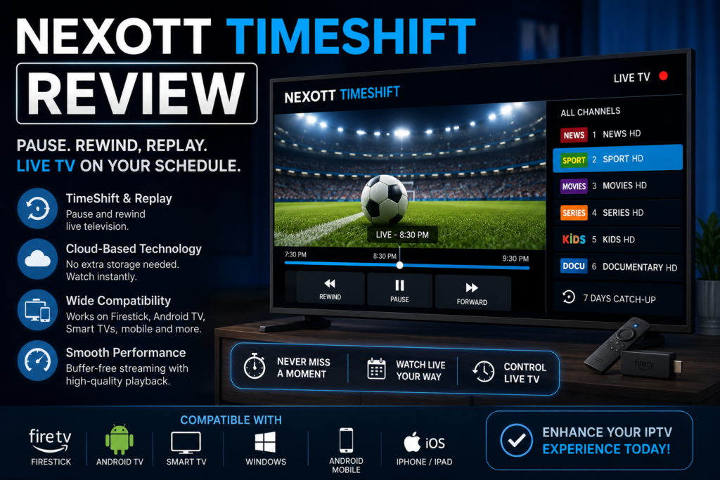 Nexott TimeShift Review showing IPTV replay, pause, rewind, and catch-up TV features on Firestick and Smart TV