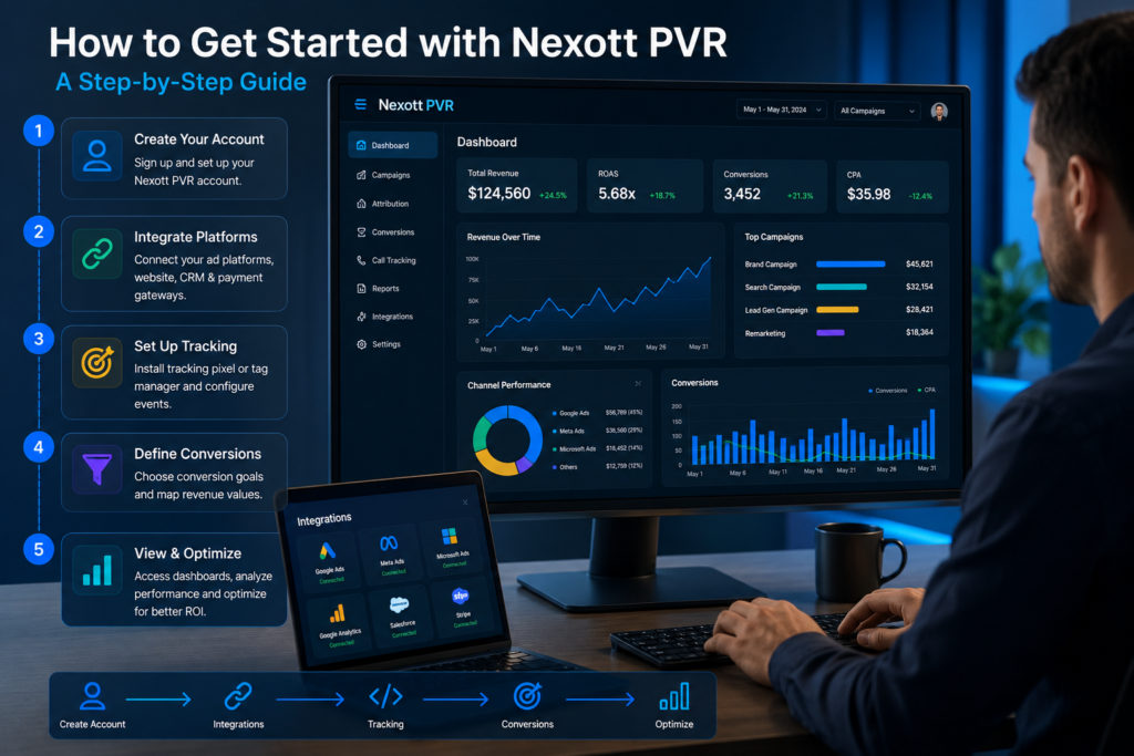 Nexott PVR step-by-step setup guide showing dashboard configuration, campaign integration, conversion tracking, and marketing analytics