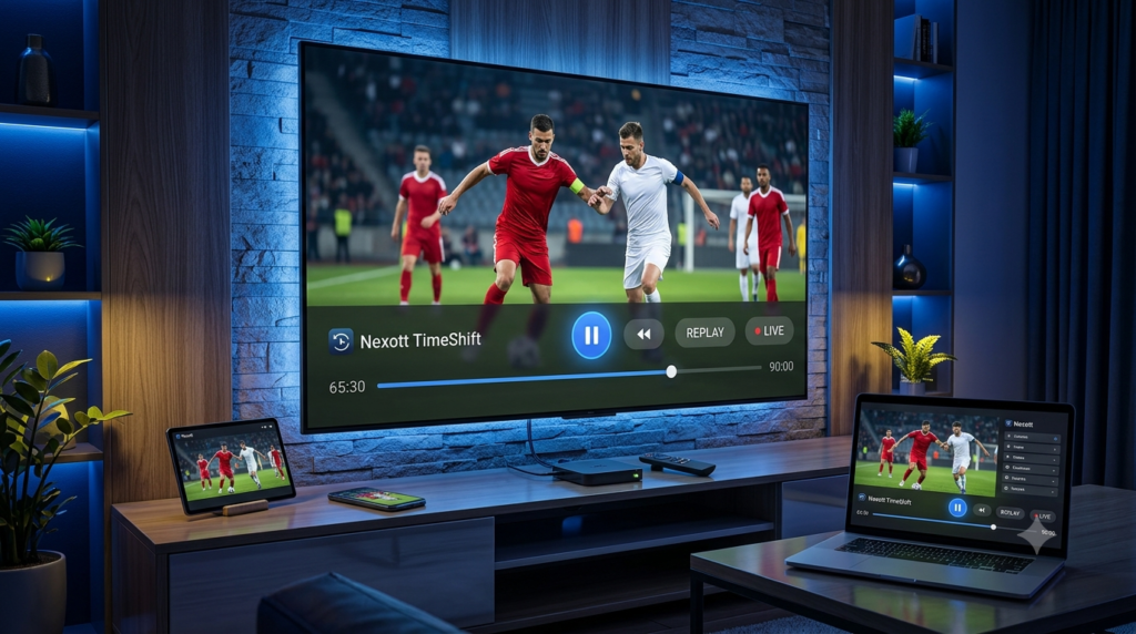 Final Nexott TimeShift Review showcasing IPTV replay across Firestick, Android TV, Smart TV, and mobile devices