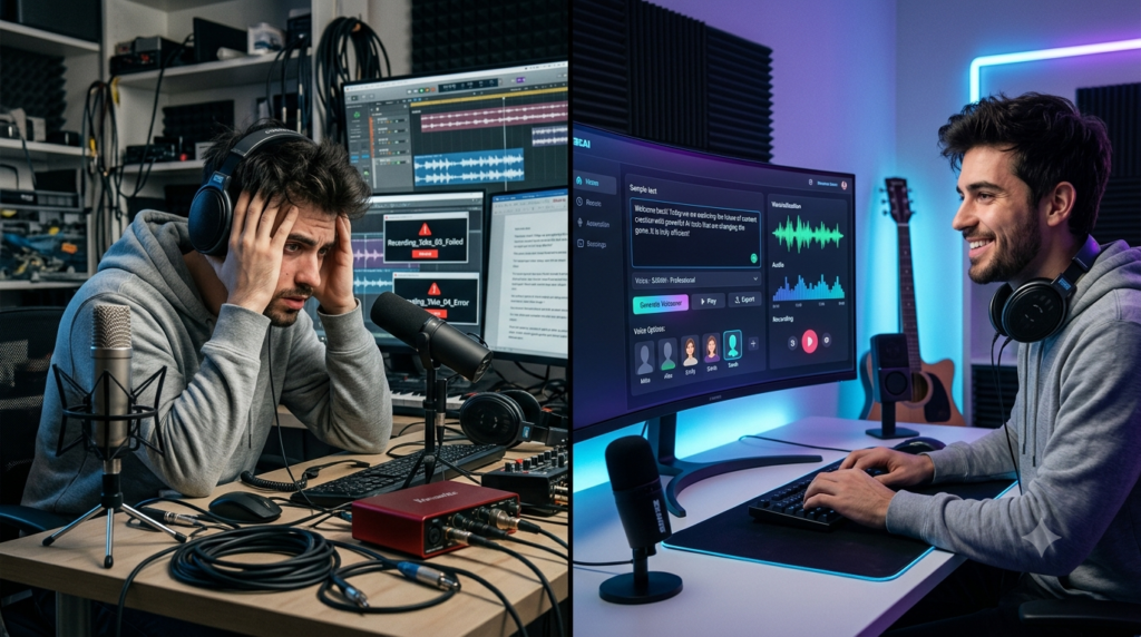 Nexott Recording Review showing AI voice generation dashboard and professional recording workflow