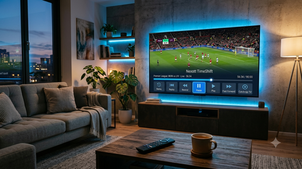 Nexott TimeShift Review showing IPTV TimeShift interface with pause, rewind, replay, and catch-up TV controls