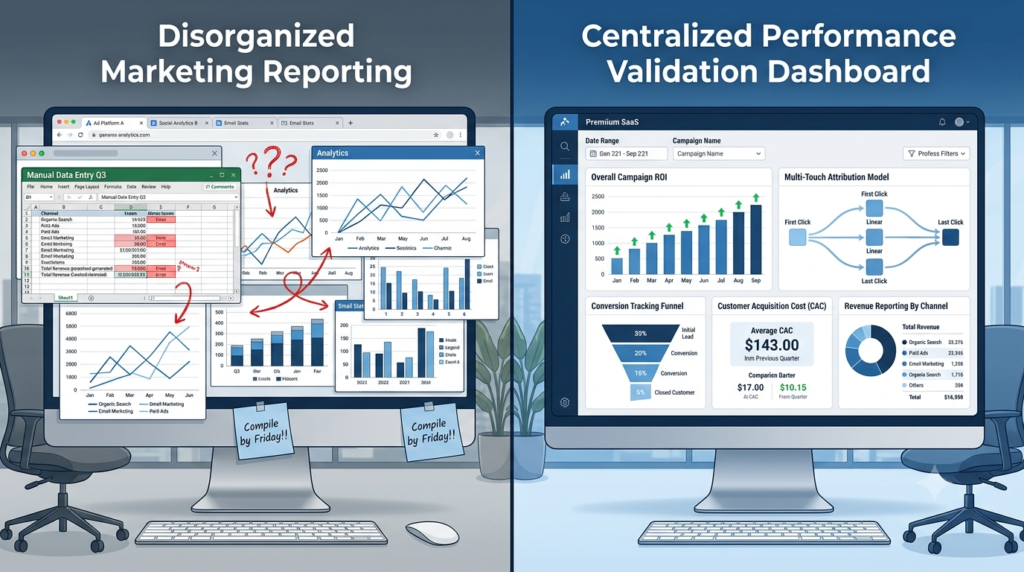 Nexott PVR comparing traditional marketing analytics with centralized performance validation reporting
