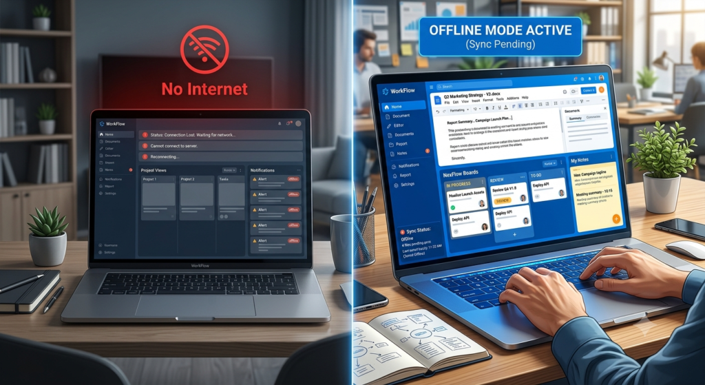 Using Nexott Offline Mode to continue working without an internet connection.
