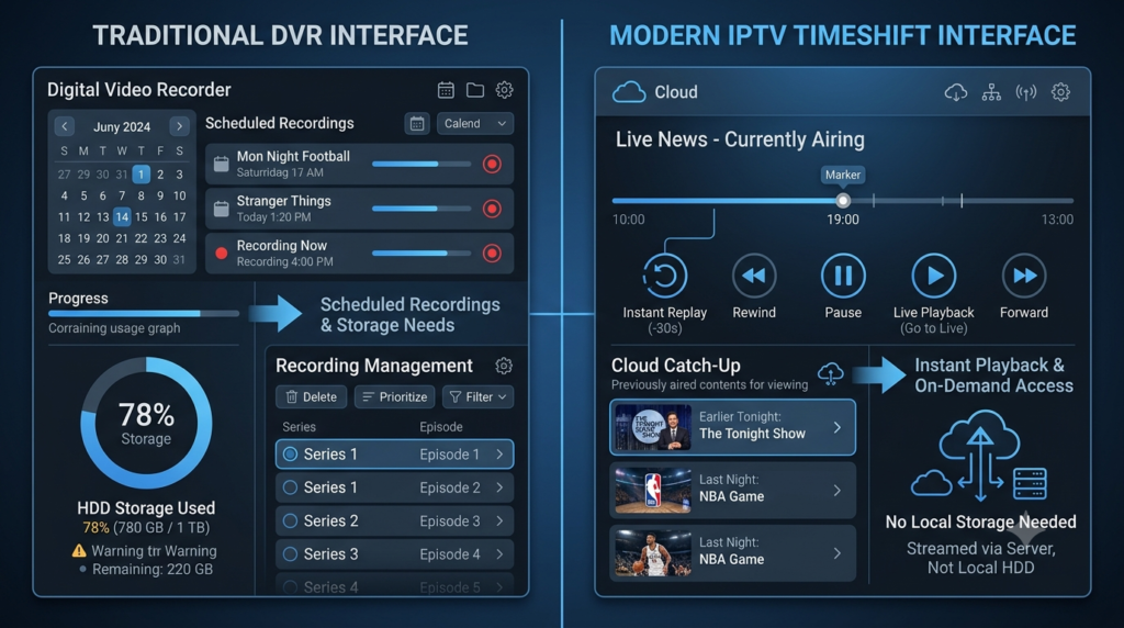 Nexott TimeShift Review comparing IPTV TimeShift with traditional DVR recording technology