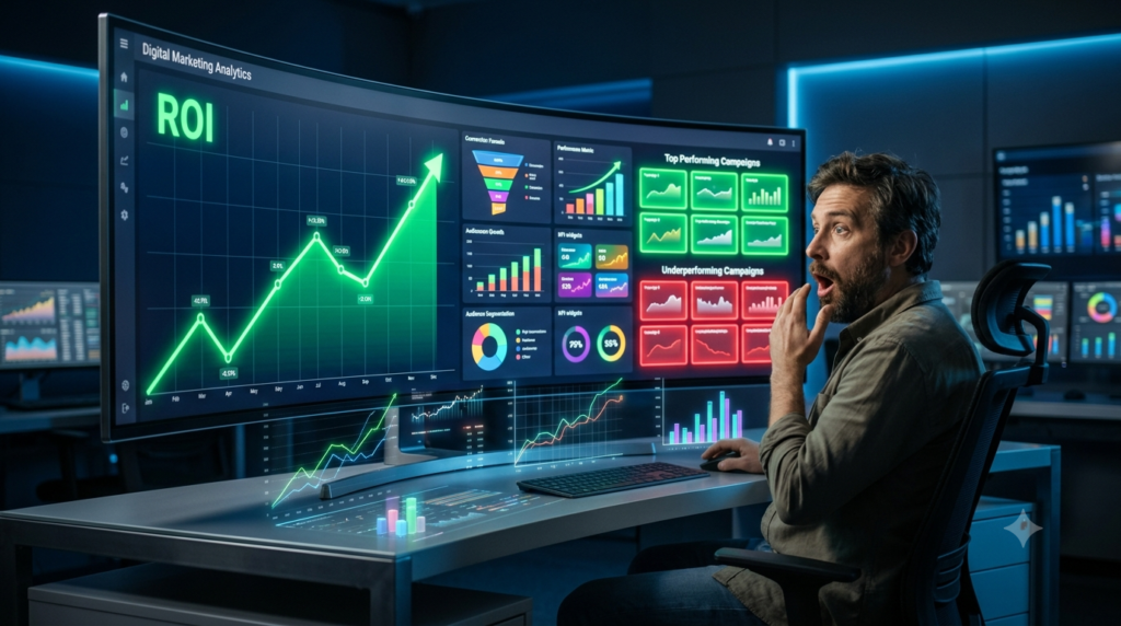 Nexott PVR marketing dashboard with ROI analytics, campaign performance tracking, and conversion reporting